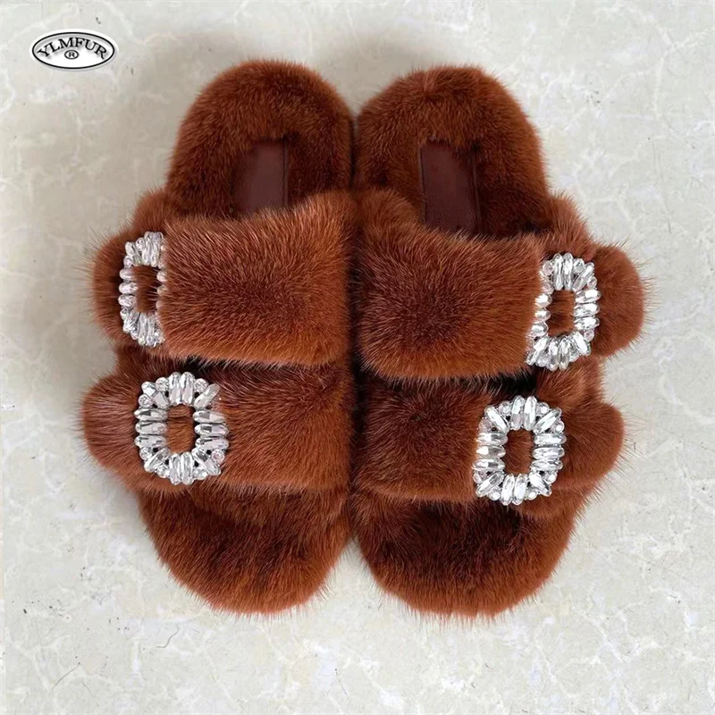 2025 New Women Fur Slippers Shoes Women Warm Winter Crystal Fur Shoes For Slippers Casual Plush Comfortable Mink
