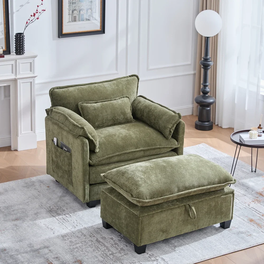 Moderner übergroßer Sessel mit Fußstütze und Hocker, Samt-Loungesessel mit Seitentaschen und Kissen, bequemer Lesestuhl – Detail 29