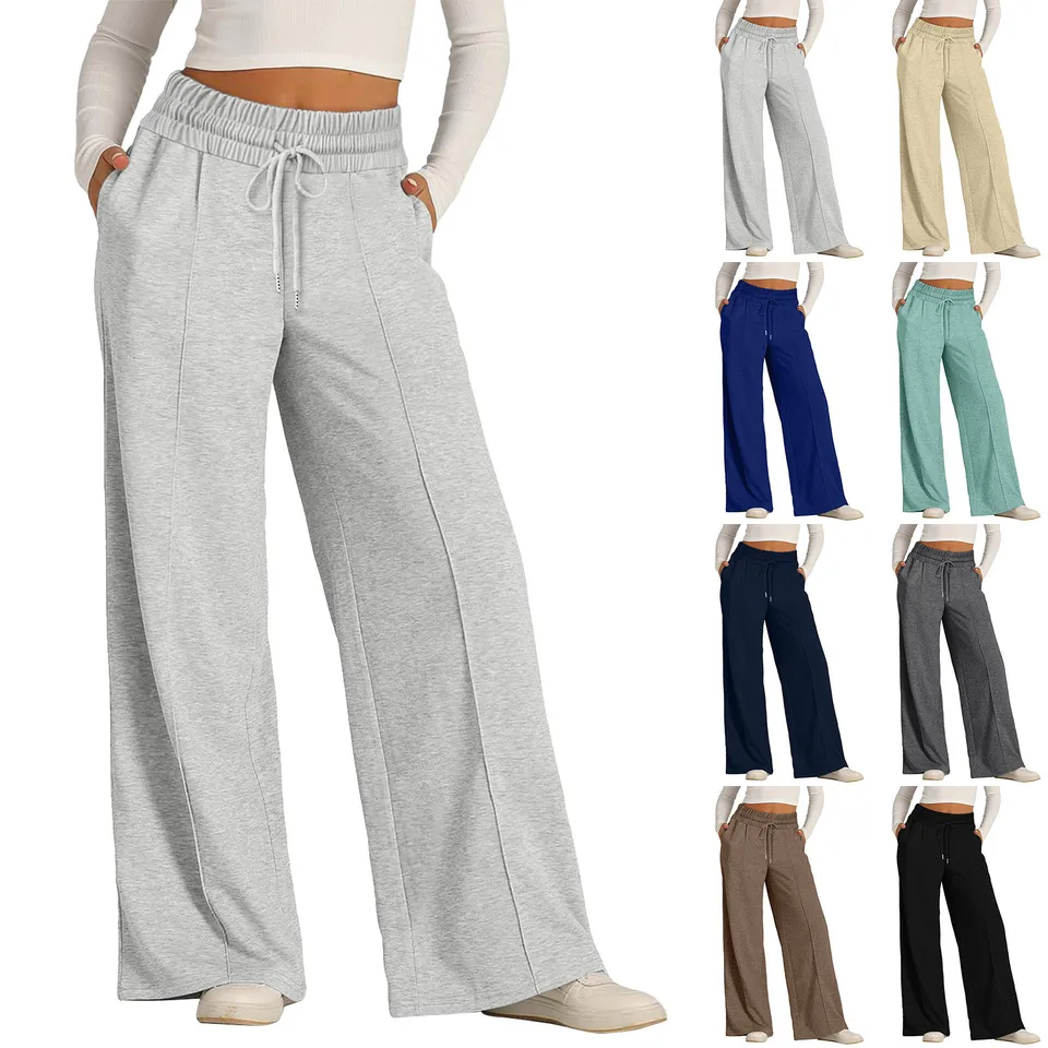 Pantaloni da donna a gamba larga con elastico in vita con coulisse pantaloni casual a palazzo con tasca laterale pantaloni larghi da donna pantaloni casual con elastico in vita, Verde, XXL