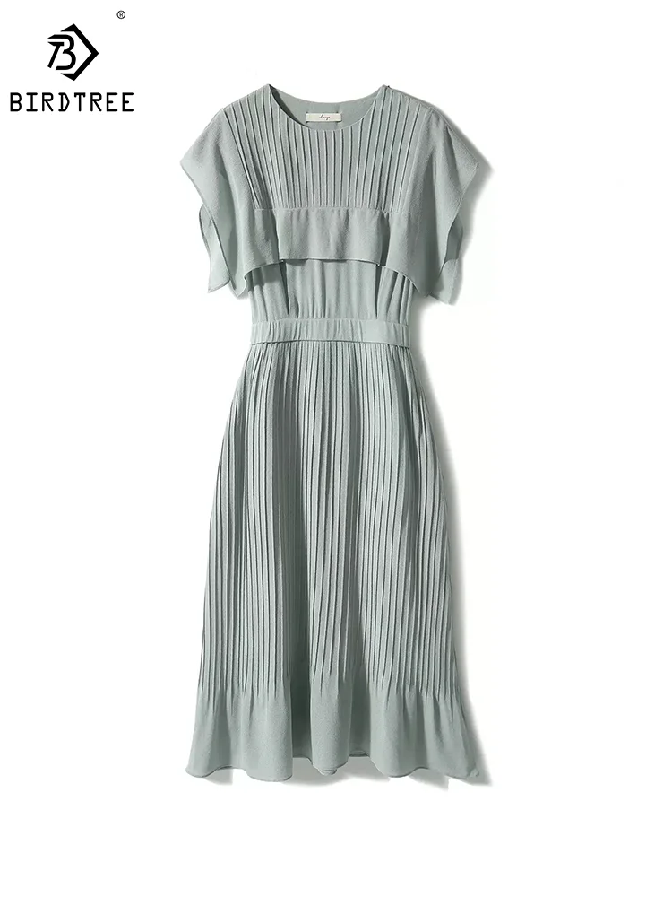 

BirdTree, 100%Mulberry Silk Crepe, Dresses For Women, Short Sleeve Ruffles, Elegant Party OL Dress, 2024 Spring New, D43287QM