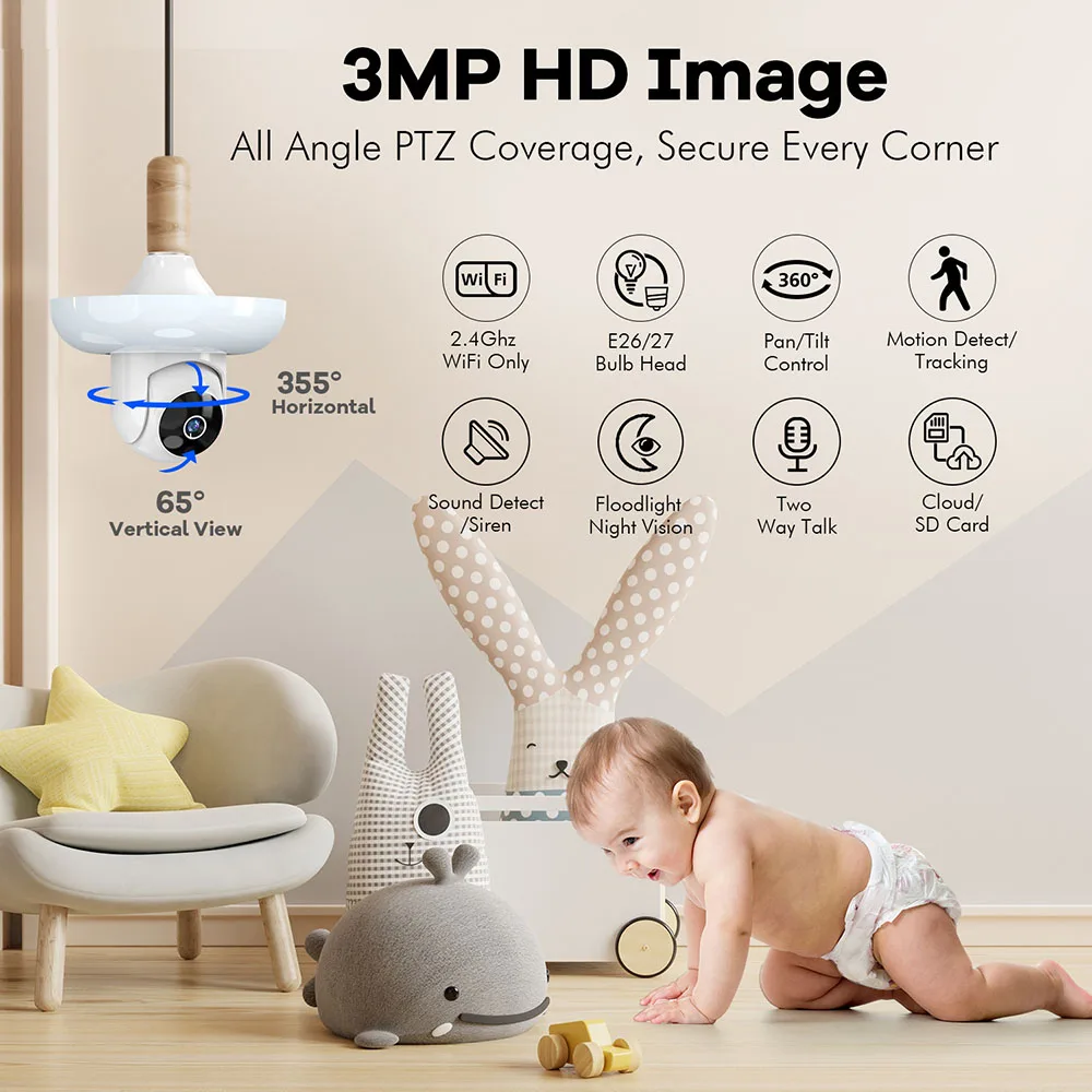 

Беспроводная IP-камера 3MP HD E27 с 4-кратным увеличением