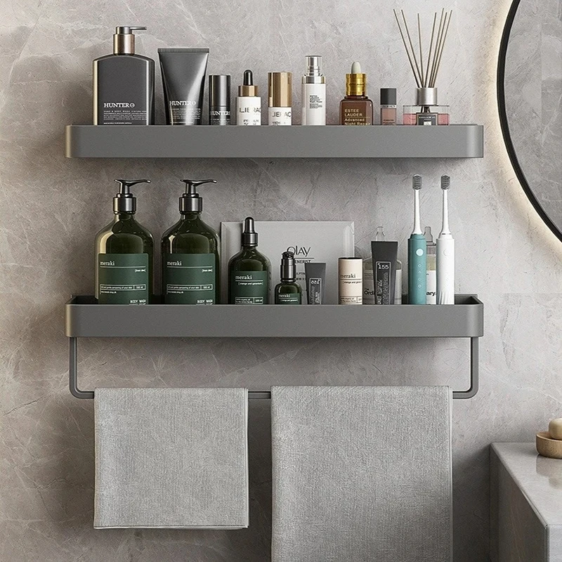 Bathroom Shelf Convenient Punch-free Gray Wall-mounted Towel Rack Bathroom Household Items Bathroom Home Practical Storage Rack 3
