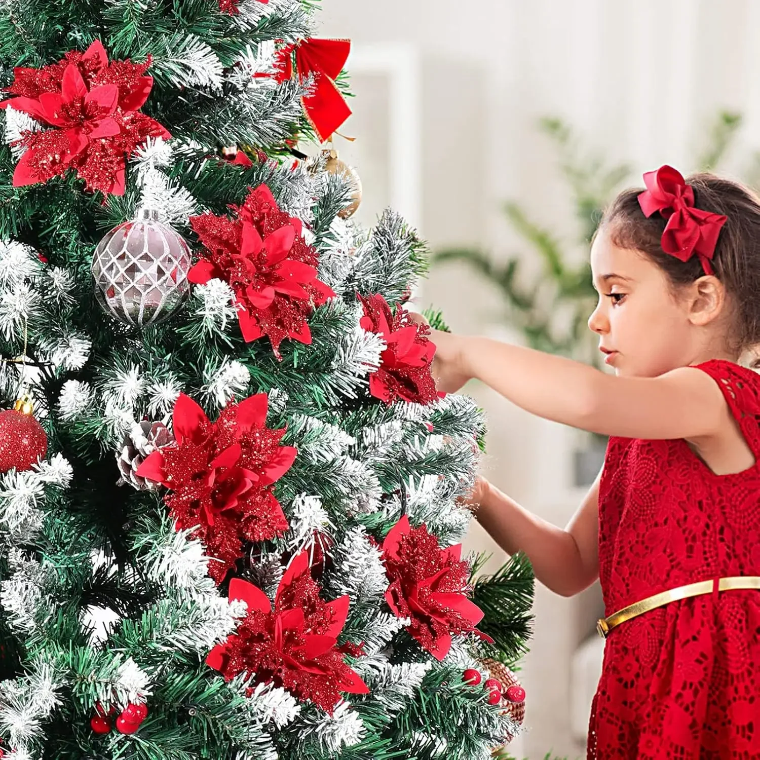 Christmas Artificial Flower 50/5pcs Red Glitter Poinsettia DIY Wreath Xmas Tree Ornaments Floral Wedding Party Home Decoration