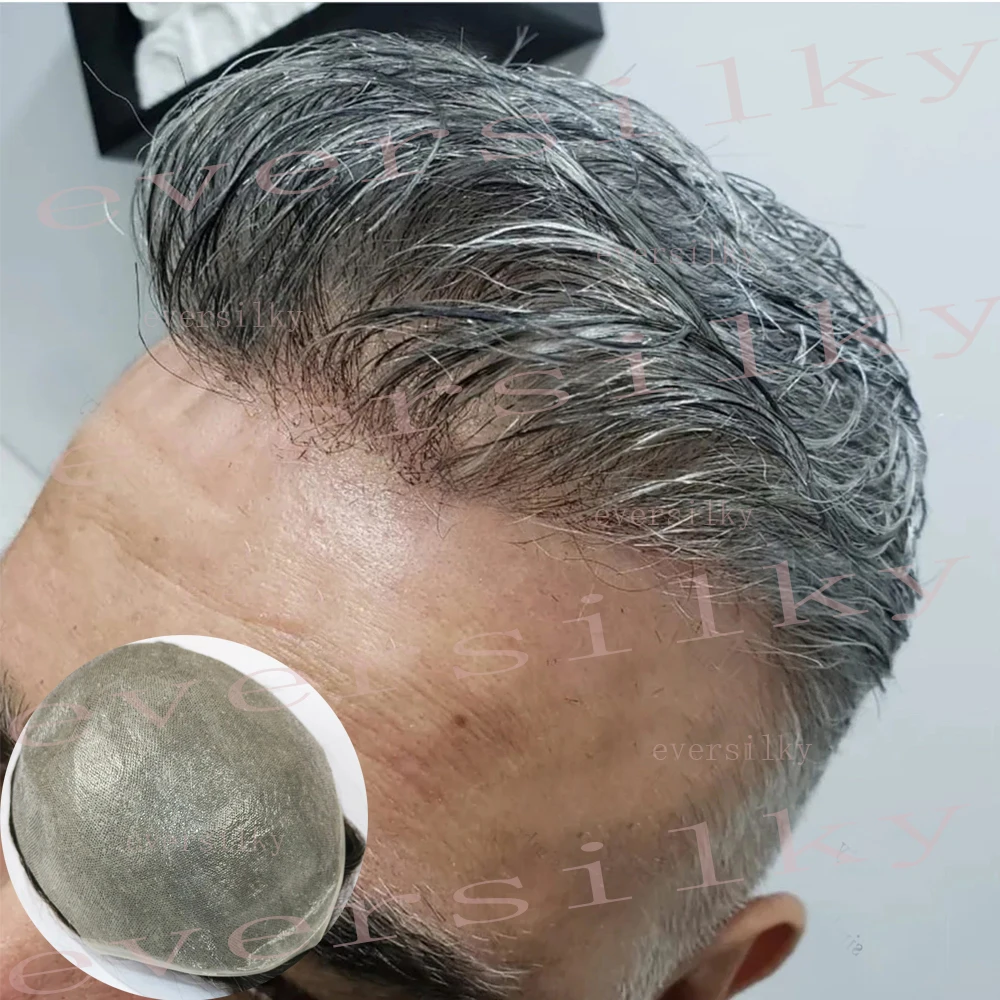 Natural Hairline 0.02mm Ultra Thin Skin Invisible Base Mens Toupee 80% Density Grey Male Human Hair Capillary Prosthesis System human hair toupee