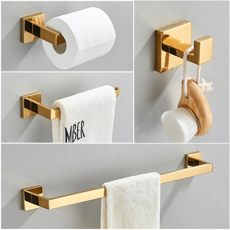 Senlesen Golden Bathroom Accessories Sets 4pcs towel hook toilet paper holder bathroom hardware set bathroom hardware accessories Wall Mount Towel Bar Robe Hooks Toilet Paper Roll Holder Stainless Steel Hardware