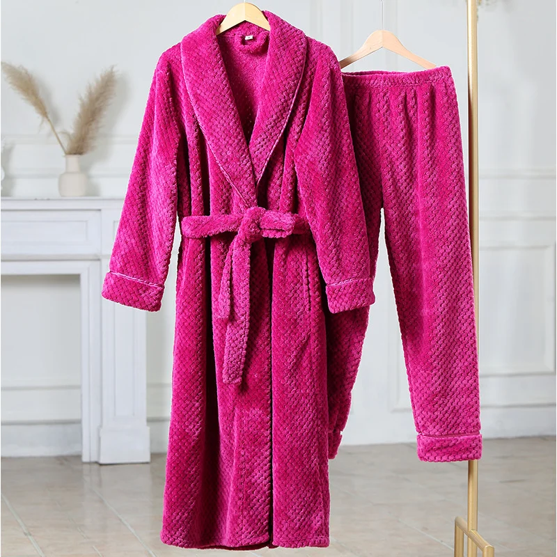 2023 New In Men Women Winter Flannel Cozy Warm Couple Pajamas Pajama Pants Set Solid Color Robe With Belt Home Wear