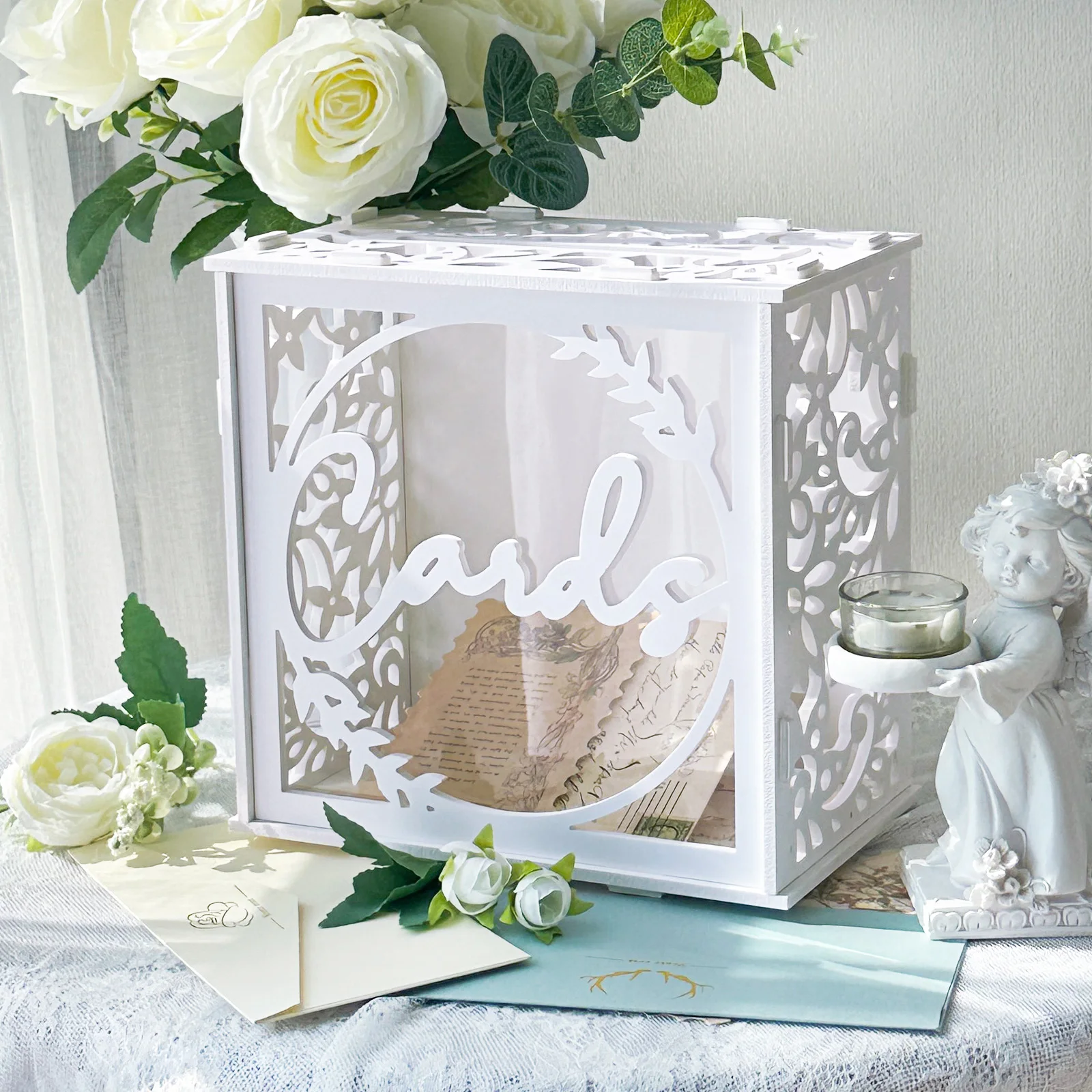 White Wedding Card Box for Receptions PVC Gift Card Box for Wedding with Acrylic Windows Rustic Envelop Money Gift Ann