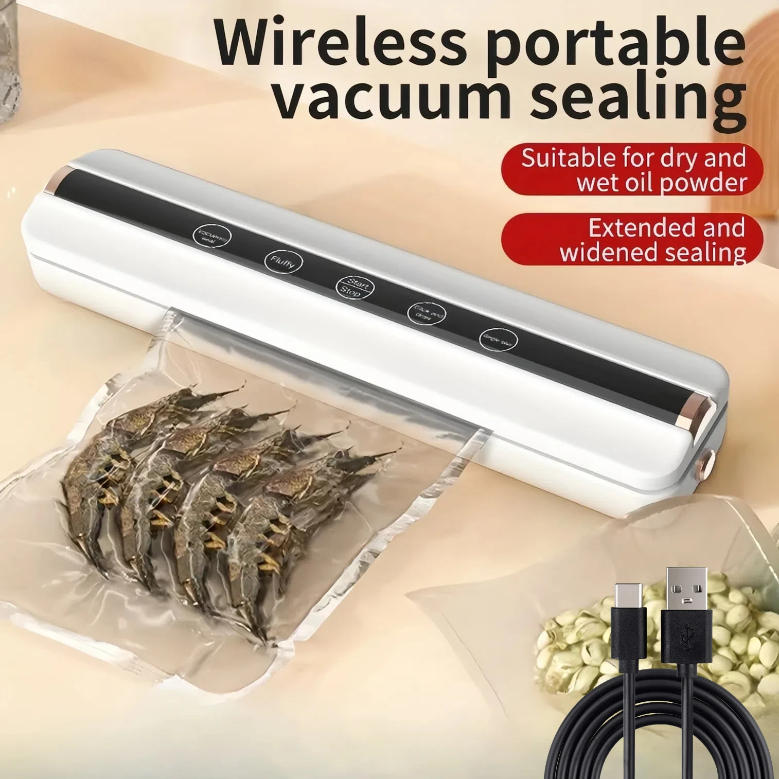 Food Vacuum Automatic Air Sealing Sealing Machine Home USB Wireless Wacuum Sealer 1500mAh 62KPa High-Suction Store Food Vacuum