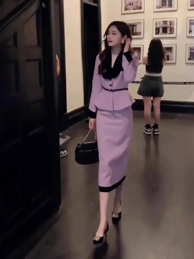 

Temperament Lapel Coat Skirt Two-piece Set Women Single Breasted Split Fashion Gentle Sweet Versatile Spring Slim Chic Lady Suit