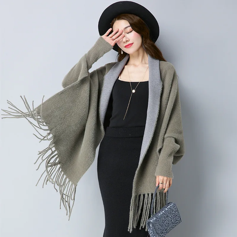 Black Grey Women Oversize Knitted With Mink Velvet Winter Poncho Cape Female Batwing Sleeves Knitwear Vintage Tassel Shawl Coat