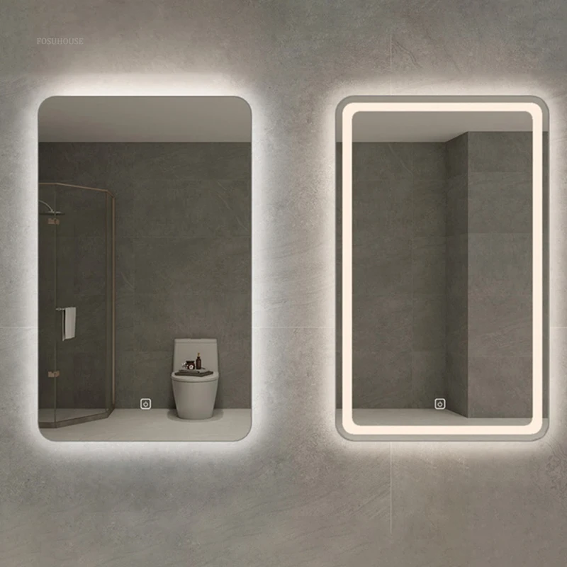 Nordic Smart Bath Mirrors Square Touch Screen Bathroom Mirror Home Wall-mounted Lighted Anti-fog Makeup Mirrors Bathroom Fixture