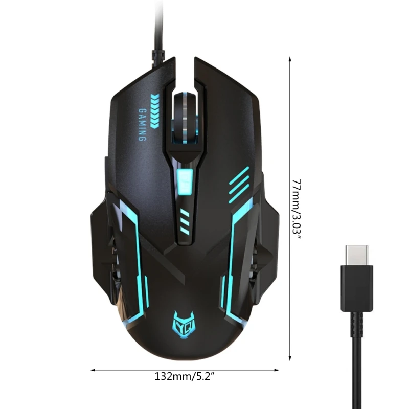 TypeC 마우스 정밀 제어 USB C 게이밍 마우스(6개 버튼 포함) 여러 장치를 위한 백라이트 3600DPI 인체공학적 디자인