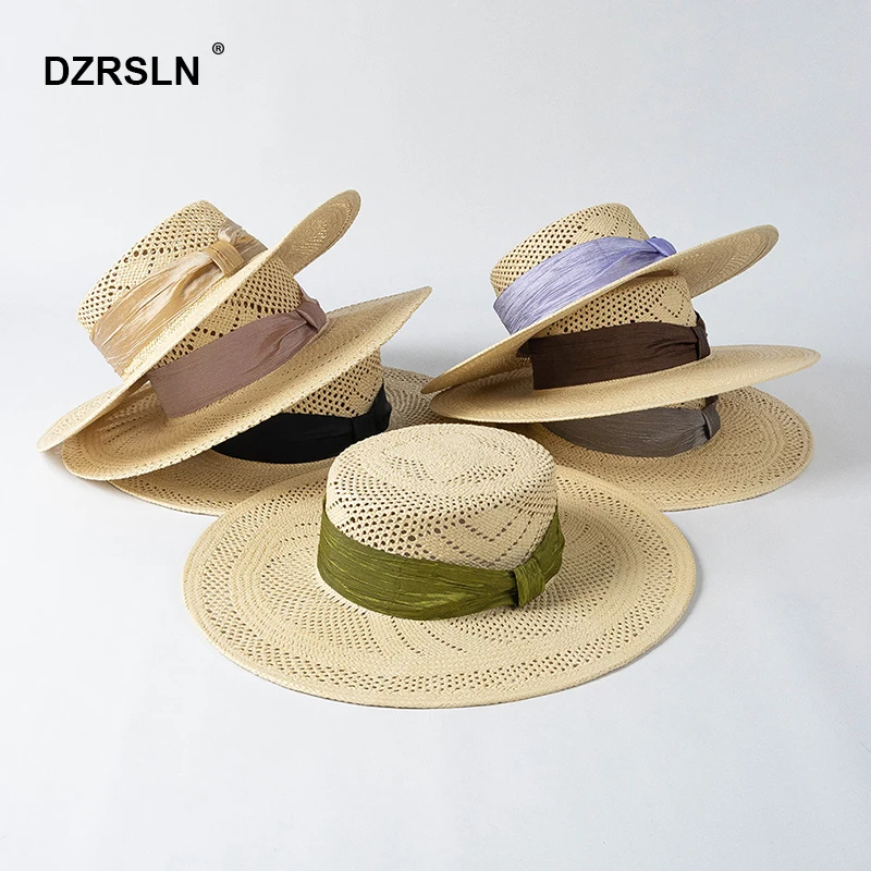 

Summer New Fashion Casual Straw Hat Hollow-out Hand-woven Wide Ribbon Bow Large Eaves Flat Top Beach Hat Outdoor Sunshade