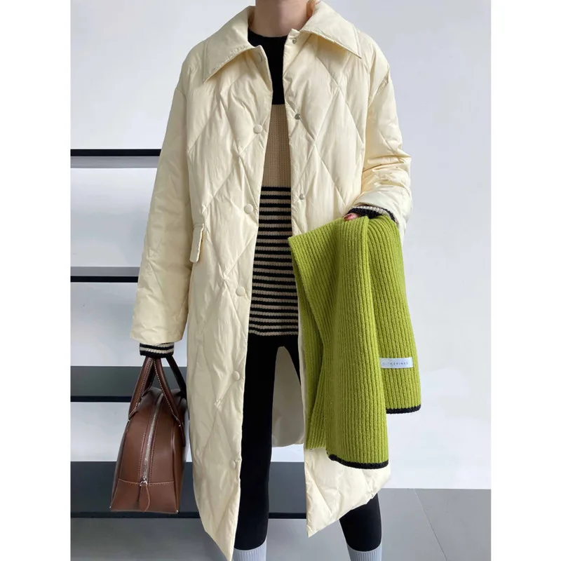 

Winter White Duck Down Women Long Down Jackets 2022 New Turn Down Collar Loose Single Breasted StraightWarm Winter Long Coats