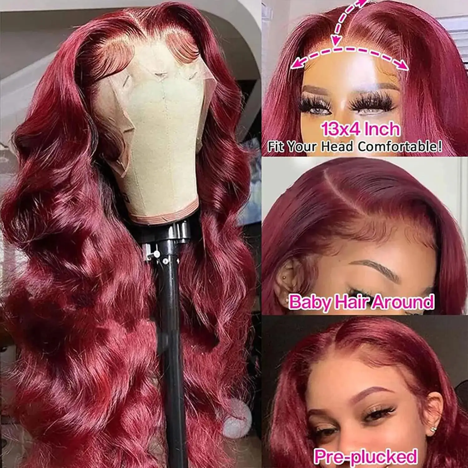 13x4 13x6 HD Body Wave Lace Frontal Wig Burgundy 99J Lace Front Wig  Human Hair Pre Plucked 99j Red Colored Wig