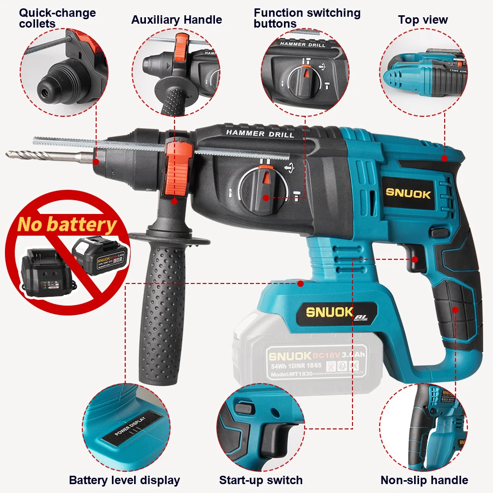 Snuok No Battery 18V Brushless Electric Rotary Hammer 4500Bpm Car Home Repair DIY Electric Drill Makita 18V Lithium Battery electric hammer drill