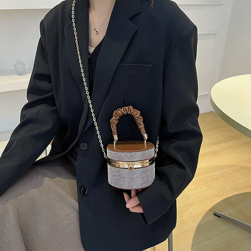 Round Box Handbags for Women Trend 2023 Fashion Evening Bag Leather Luxury High Quality Sparkle Diamond Party Shoulder Bag Woman