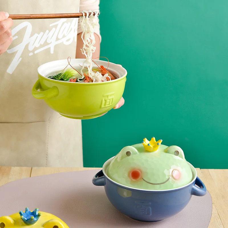 700ml Ceramic Frog Shaped Ramen Noodles Bowl Kawaii Cartoon Tableware Kids  Eatting Soup Binaural Bowl with Lid and Handle