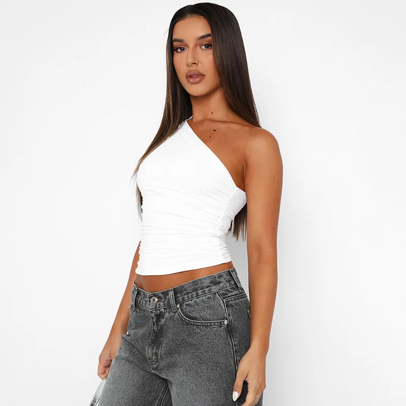 Fashion New Women's Summer Sleeveless Diagonal Neck Off-the-shoulder Pleated Top Solid Color Elegant Slim-fitting Sexy Vest