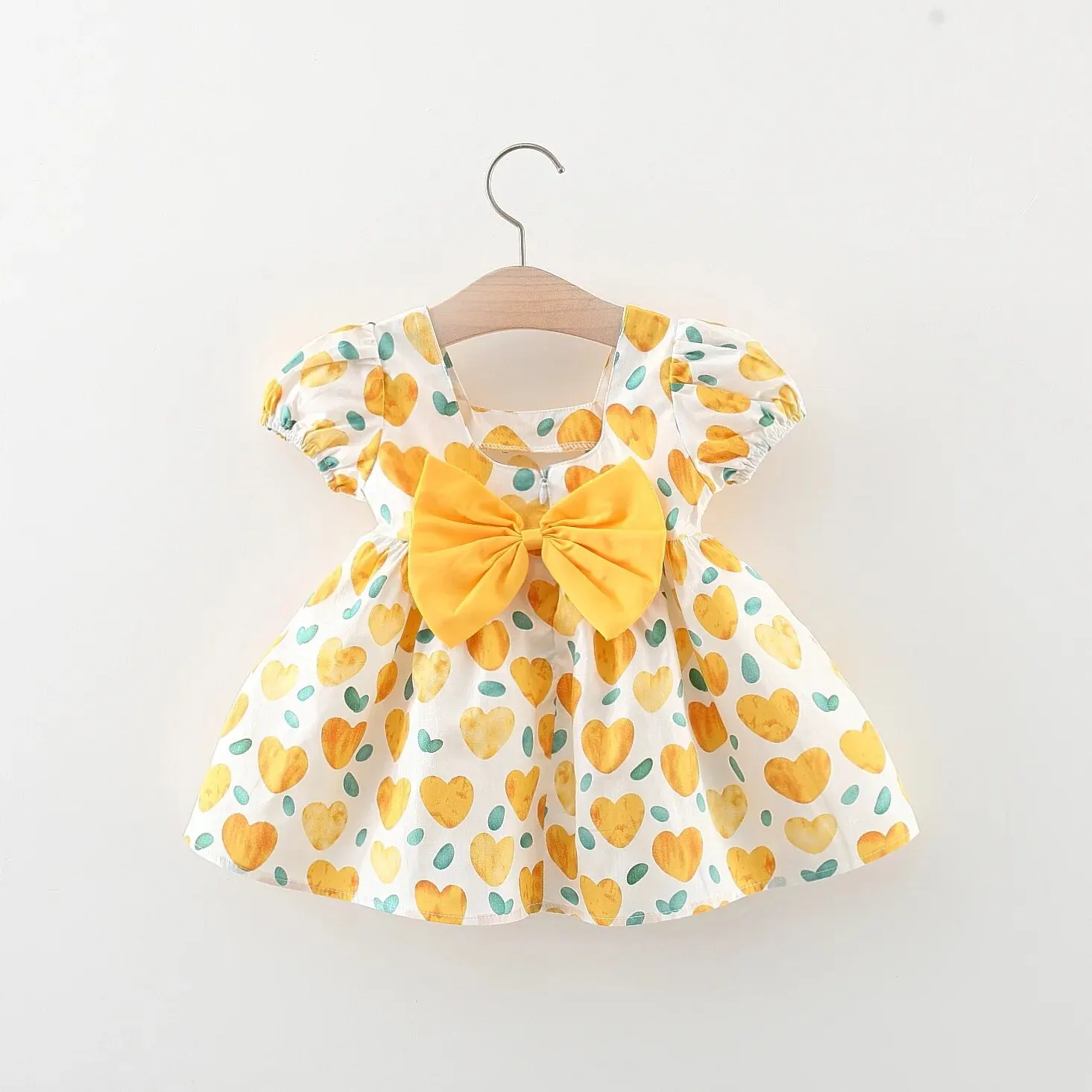 Girls Dress Summer Cute Short Sleeved Cotton Korean Back Bow Suitable for 0-3 Year Old Babies