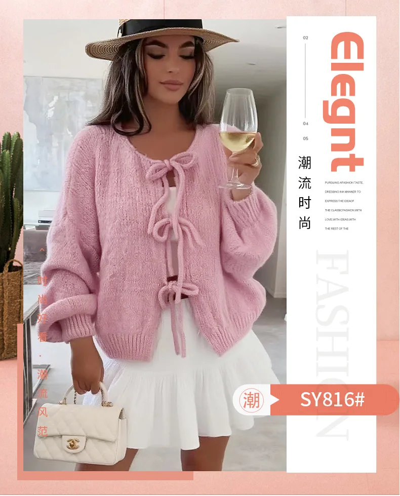 European American Herbst Winter Neue Einfarbig Rundhals Casual Lace-up Strickjacke Mantel Einfache Pullover – Detail 2