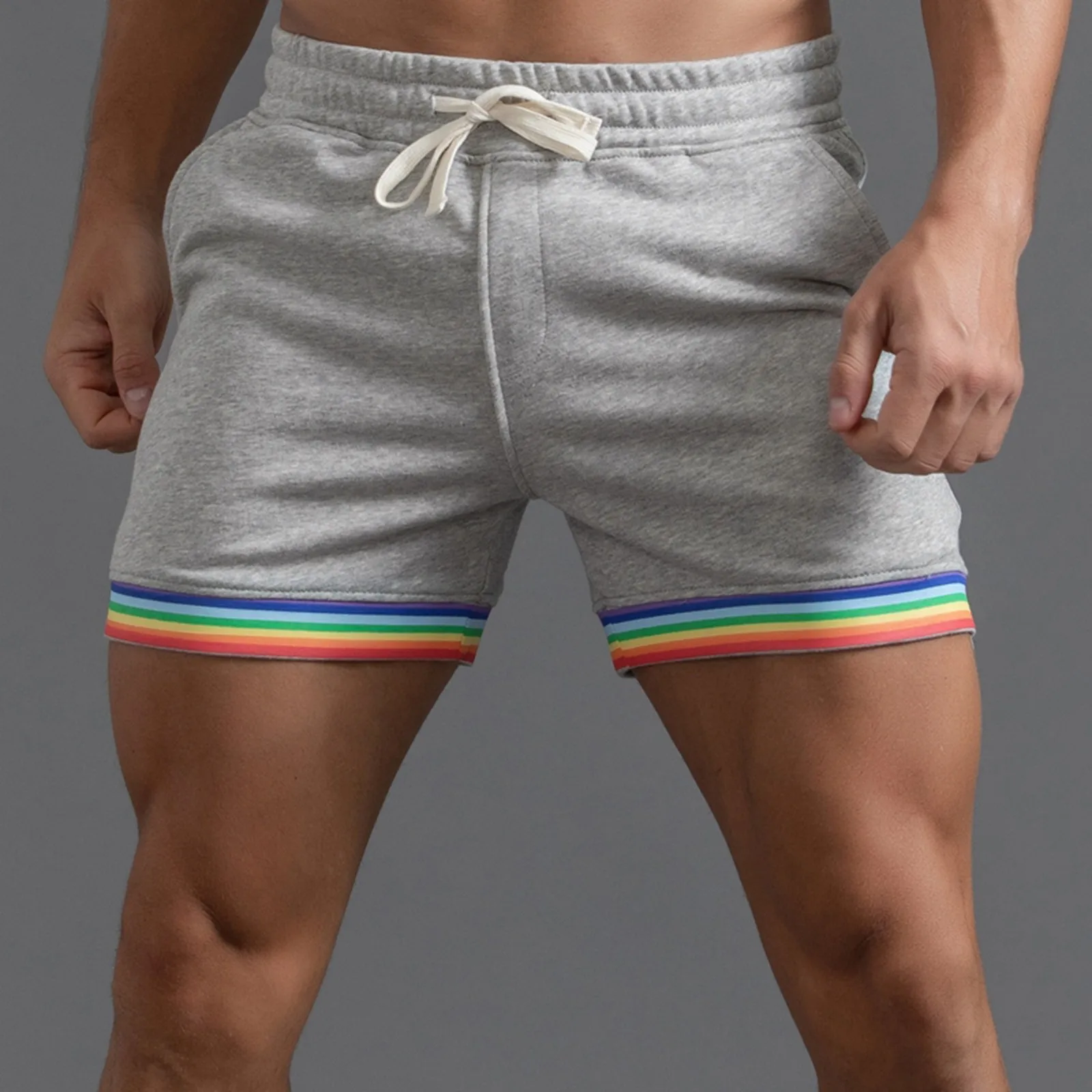 Polyester Shorts Men Summer Solid Color Rainbow Pants Pocket Drawstring Loose Casual Sports Running Glitter Foam Star 4