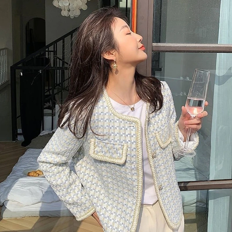 Korean Houndstooh Tweed Jacket Women Elegant Long Sleeve Basic Coat All-Match Single Breasted Cropped Outwear Casual Jacket S-Xl