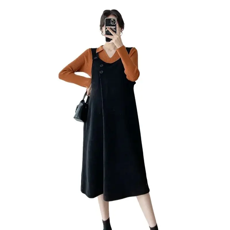 

Autumn Fashion Maternity Clothes Plus Size Button Fly Strap Dress Sleeveless Pregnant Woman Corduroy Overalls Suspender Skirts
