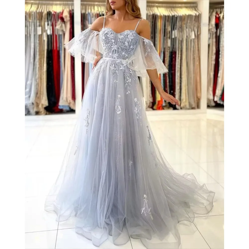 

Wakuta Spaghetti Straps Tulle Prom Dresses with Puffy Sleeve for Women A-Line Lace Appliques Ball Gowns Bridesmaid Dress