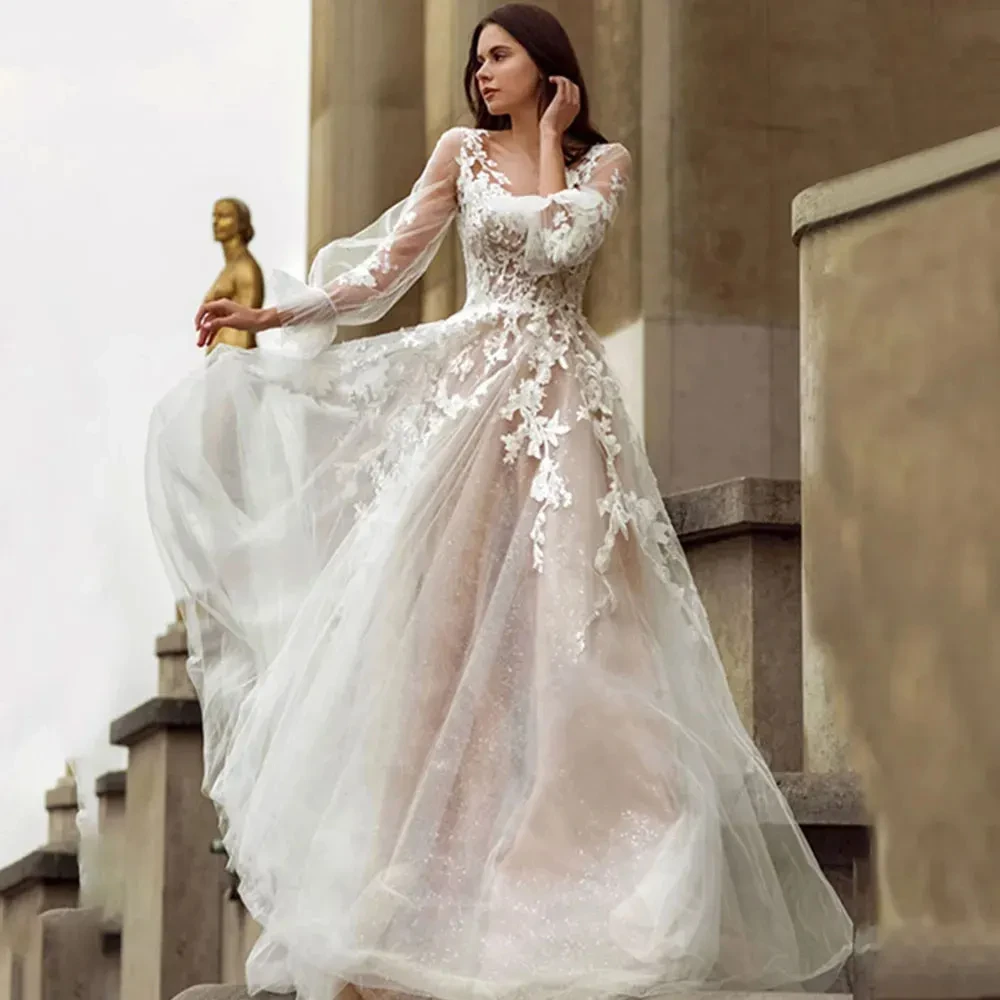 

Glamorous square collar A-line romantic wedding luxury applique tulle puffy sleeve after button up bridal dress De novia custom