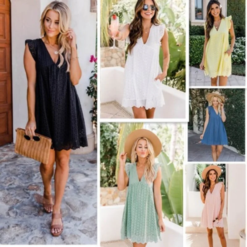 

Women Lace Jacquard Cutout V-neck Dress with Pocket Cloth Shorts
