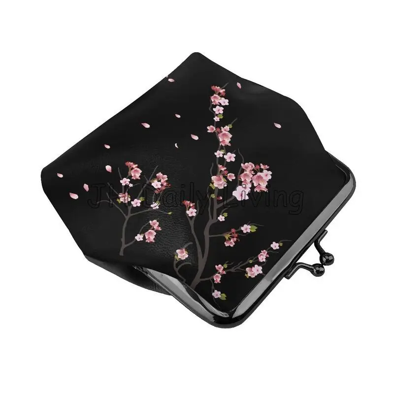 Japanese Sakura Cherry Blossoms Mini Leather Coin Purse Small Kiss-Lock Change Pouch Clasp Closure Buckle Wallet for Women Girls