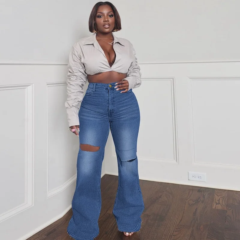 Women Plus Size Jeans New Arrival Slim Ripped High Waist Wide Leg Trousers 2022 Vintage Washed Hole Dark Blue Denim Flare Pants miss me jeans Jeans