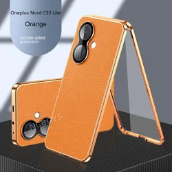 360° Full Protection Metal Bumper Case with Clear Front Glass & Back PU Leather Cover for OnePlusNord CE3 Lite (Orange)