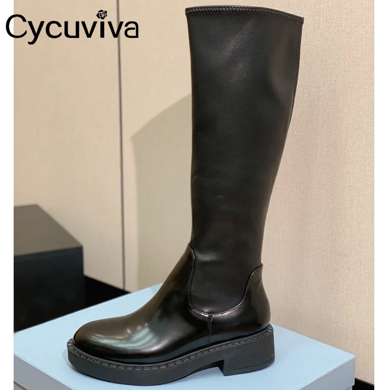 

Black Leather Platform Knee High Boots Women Thick Sole Platform Dress Shoes Woman Boots Autumn Brand Motorcycle Long Boots