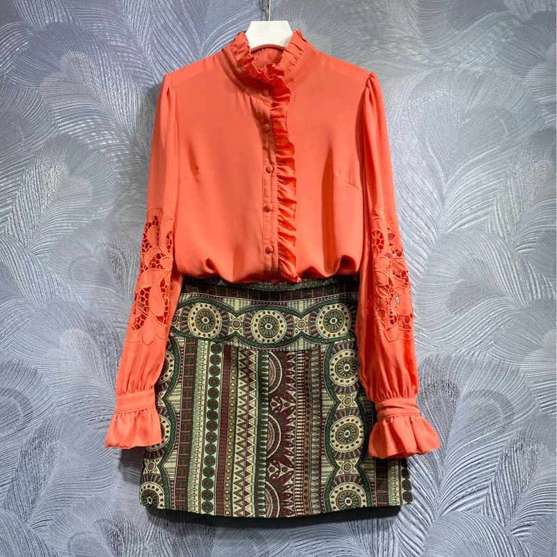 

Doris Fanny High Quality Fashion Design Spring Summer Skirts Suit Women Lantern Sleeve Hollow Out Vintage Two Piece Sets Dress