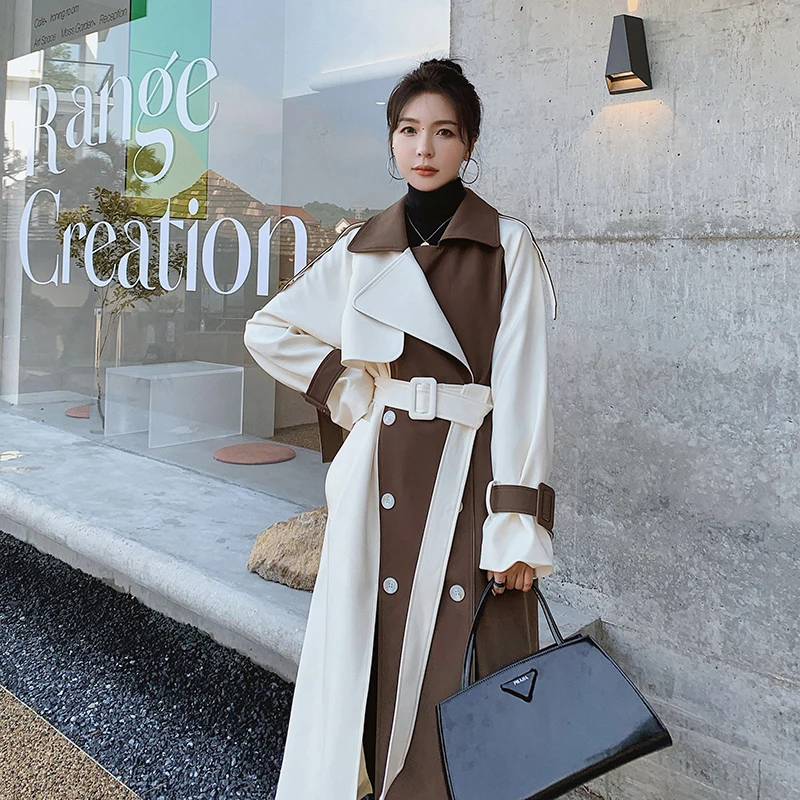 Spring Autumn Long Double-Breasted Women Trench Coat Patchwork Loose Oversize Cloak With Belt Female Outerwear Duster Coat waterproof puffer coat Coats & Jackets