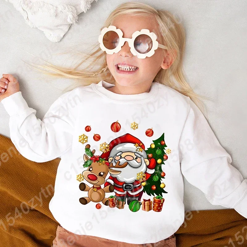 Cute Cartoon Santa Claus & Reindeer & Christmas Tree Graphic Print Sweatshirt, Girls Comfy Clothes For Christmas As Gifts 2