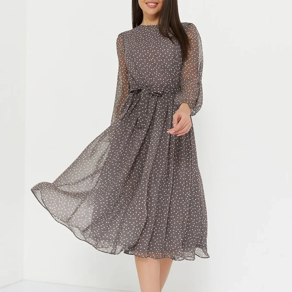 

Women Elegant Polka Dot Dress Long Sleeve A Line High Waist Pleated Chiffon Dress Ladies Vintage Dotted Sundress Party Beachwear