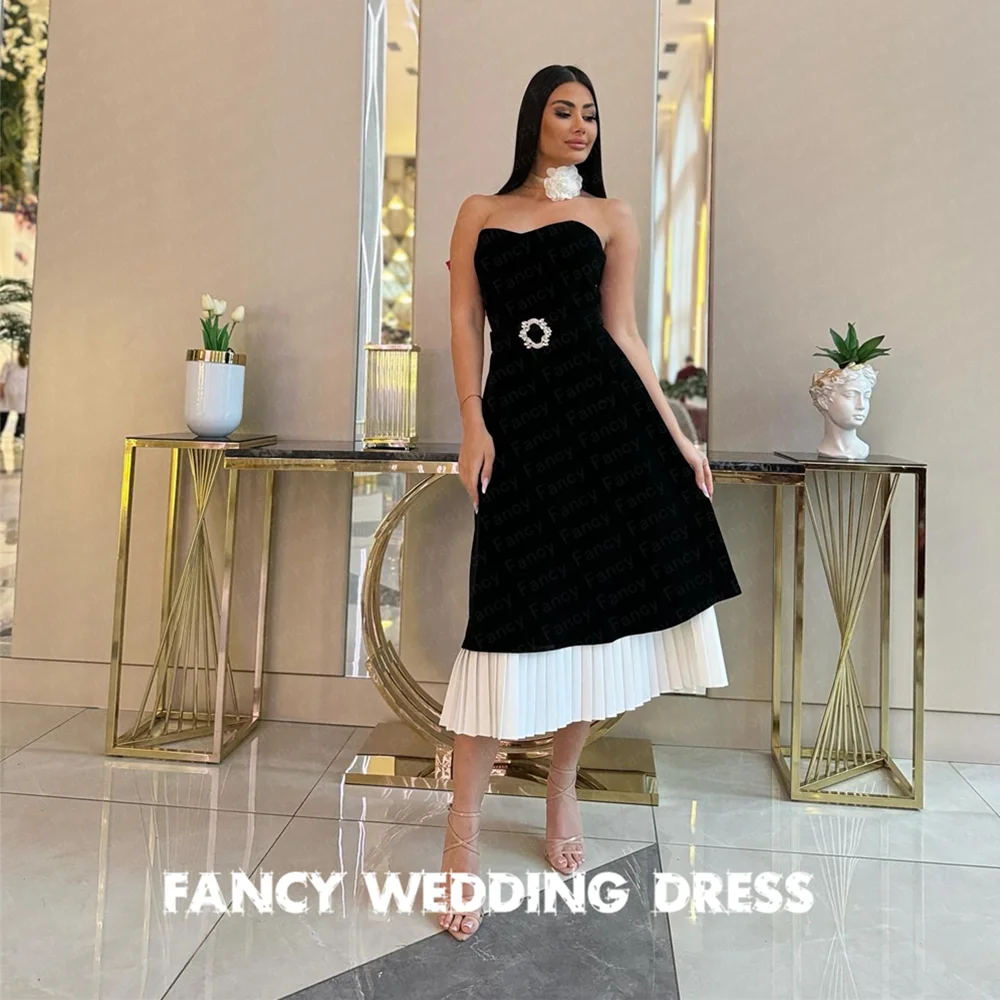 

Fancy Elegant Black Tea Length Evening Dress Sleeveless A Line Velour Prom Gown Plus Size Saudi Arabia Custom Made
