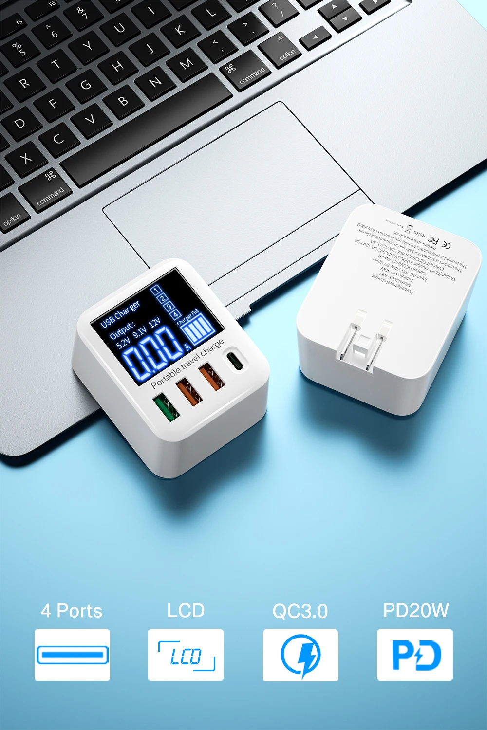 Asometech 40w usb wand ladegerät 4 port mit led-anzeige qc 3,0 pd 3,0 usb schnell ladegerät für iphone 14 huawei xiaomi samsung – Detail 1