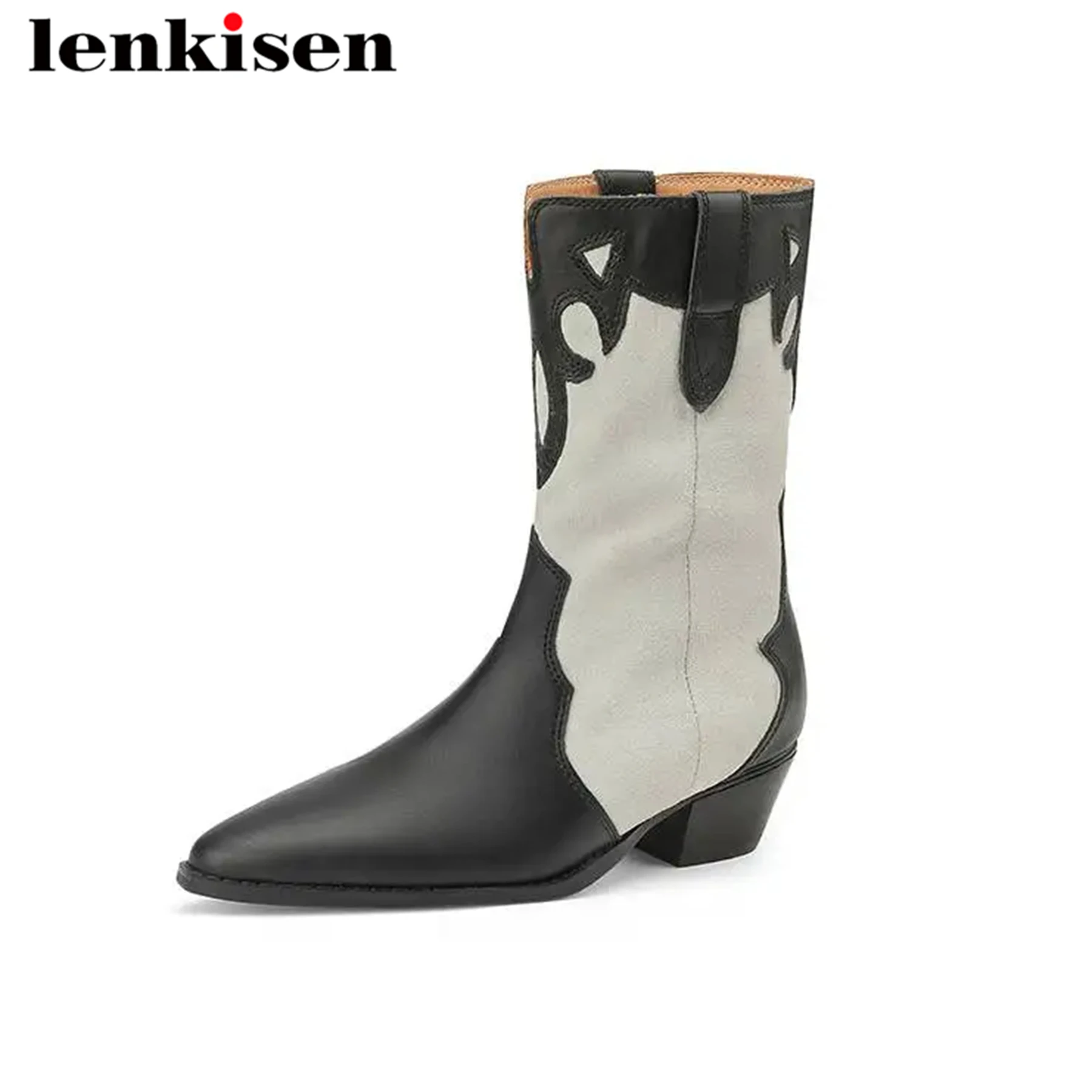 

Lenkisen Cow Leather Pointed Toe Med Heels Stitching Winter Western Boots Office Lady Superstar Slip On Elegant Ins Ankle Boots