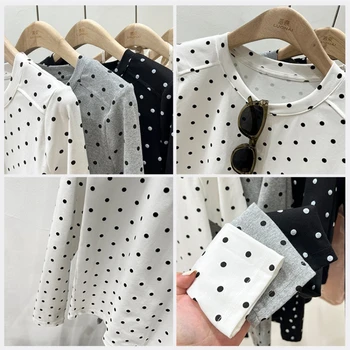 2025 أوائل الخريف جديد سليم صالح مثير القمم الكورية نمط الحلو البولكا نقطة تي شيرت المرأة عادية كم طويل س الرقبة تيز 6