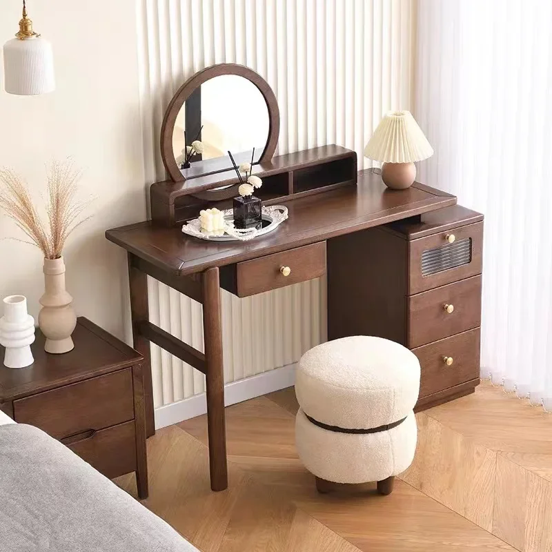 

Nordic Dresser, Customized Minimalist Retro Black Walnut Wood Dressing Table, Simple with Mirror, Log Soild Wood Unit Bedroom