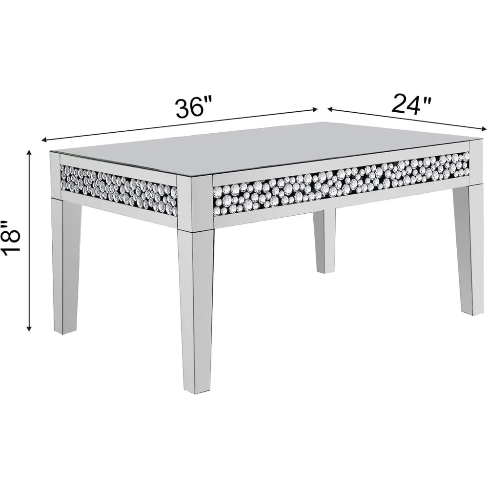 Rectangle Mirrored Coffee Table, Silver Living Room Table with Cryatal Diamond Inlay