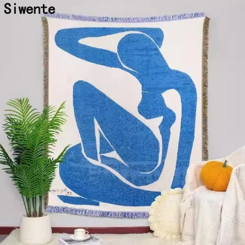 

INS BLUE Blanket Portrait Home Picnic Mat Tassel Dustproof slip covers for sofas Conditioning Towels Bed Plaid Office Nap Shawl