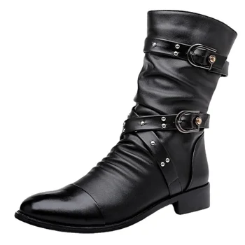 Stivali a tubo medio in pelle da uomo di alta qualità Moda classica Autunno Inverno Nero Punk Rock Scarpe Casual Uomo Donna Taglie forti 38--48 1
