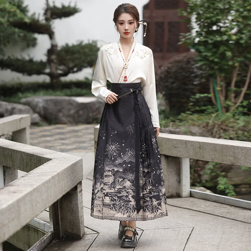 

Spring New Horse-Face Skirt Heavy Industry Ming Women's Han Chinese Clothing National Style Daily Black Suit