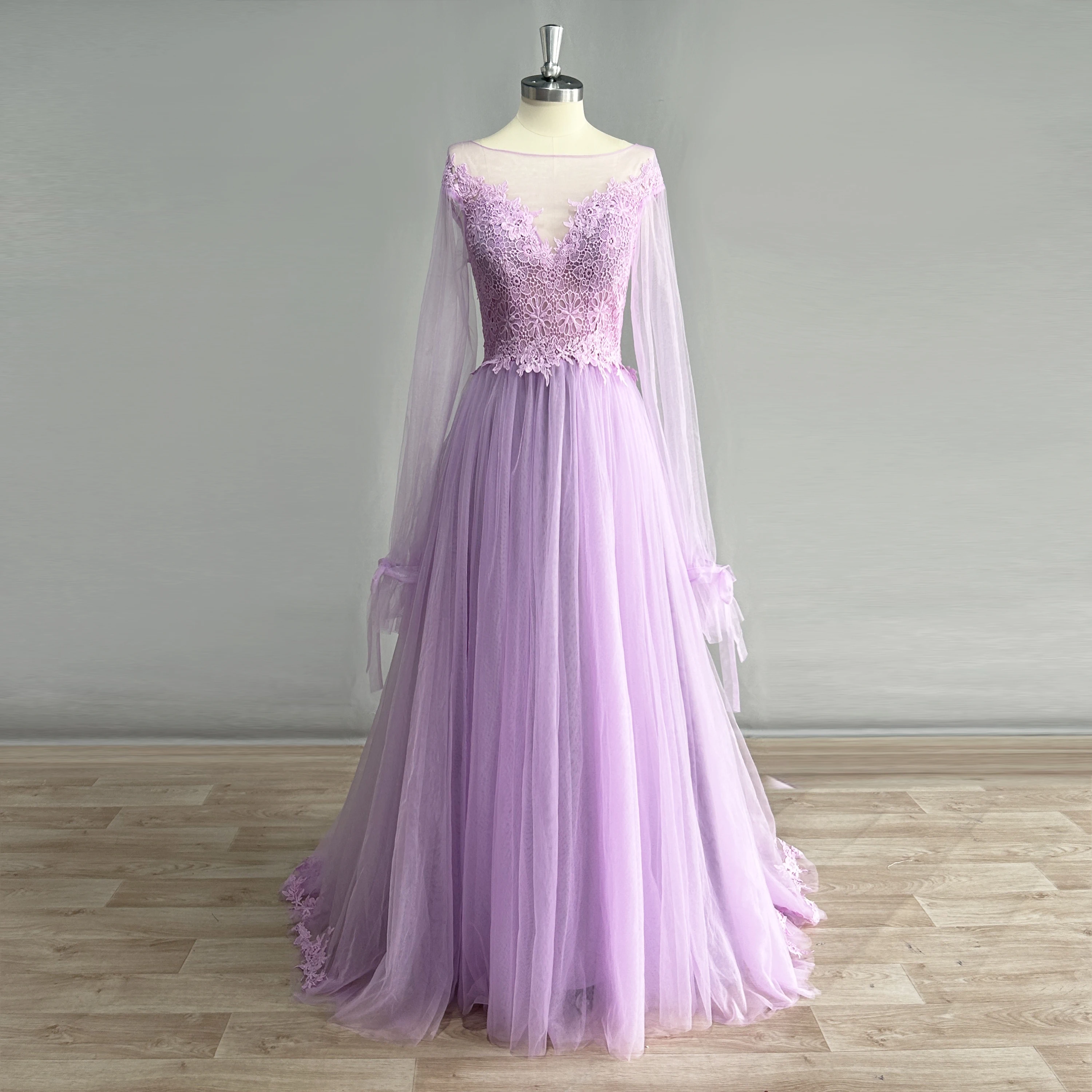 

DIDEYTTAWL Real Photos Long Puff Sleeves Tulle Boho Prom Gown Lace Appliques A Line Sweep Train Evenig Dress Custom Made