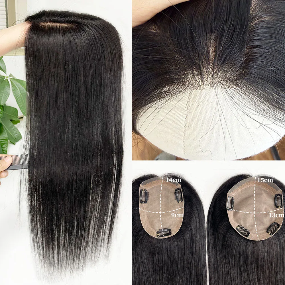 Topper per capelli in PU con base in seta 13x15cm, annodato a mano, più leggero e sottile, senza nodi, con clip, in vero capello umano Remy